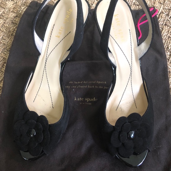 Black suede sling-backs with flower detail - Picture 1 of 3